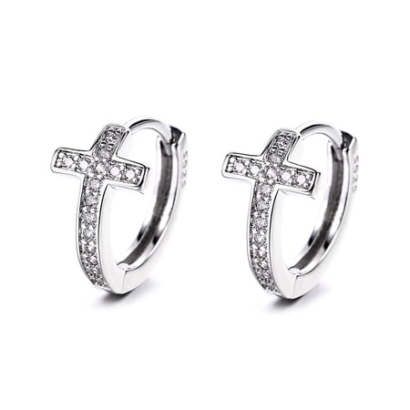 14K White Gold Plated Cross Huggie Earring with Genuine Crystals