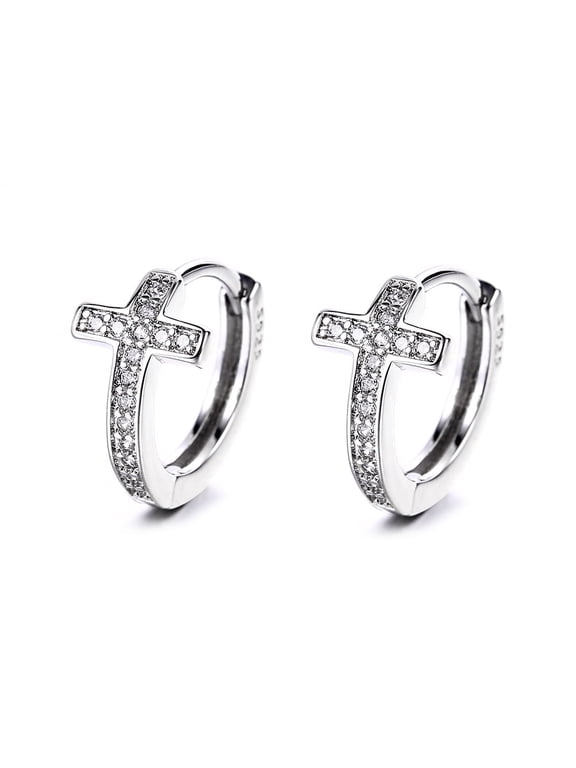 14K White Gold Plated Cross Huggie Earring with Genuine Crystals