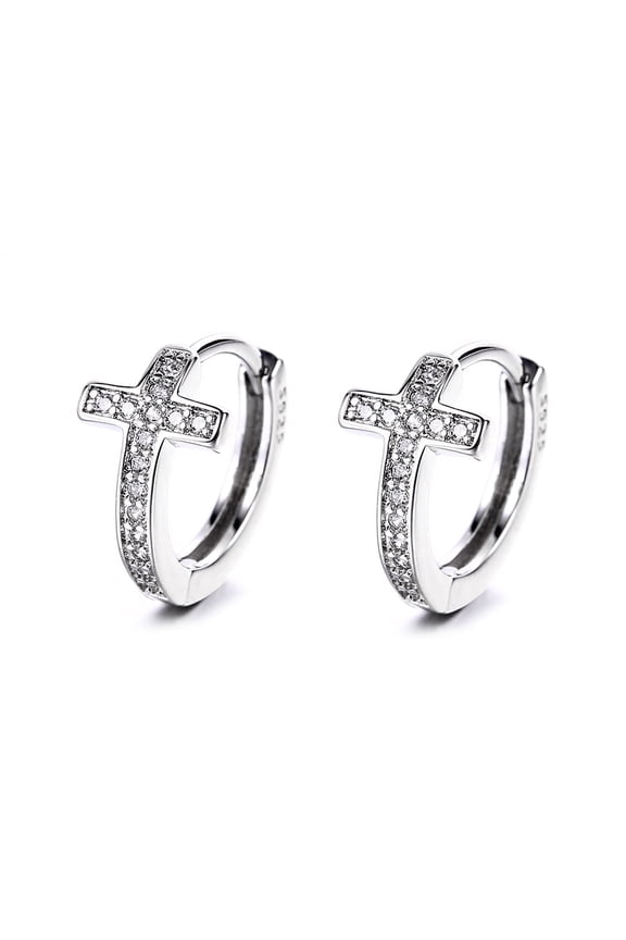 14K White Gold Plated Cross Huggie Earring with Genuine Crystals