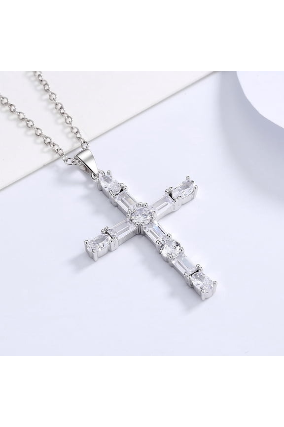 18K White Gold Plated Cross Pendant Necklace with Swarovski Crystals