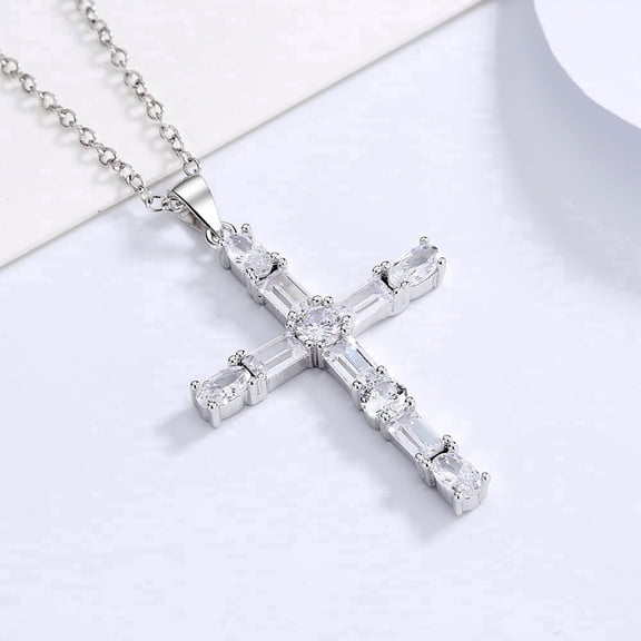 18K White Gold Plated Cross Pendant Necklace with Swarovski Crystals