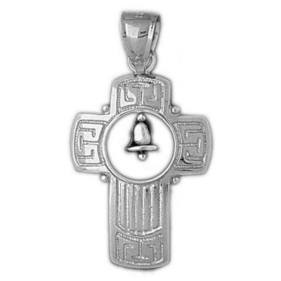 18K White Gold Cross With Bell Pendant - 36 mm
