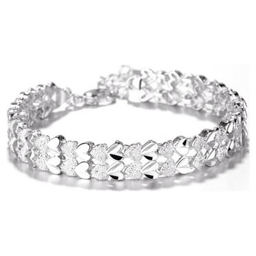 18K White Gold Plated Diamond Cut Two Row Heart Bracelet