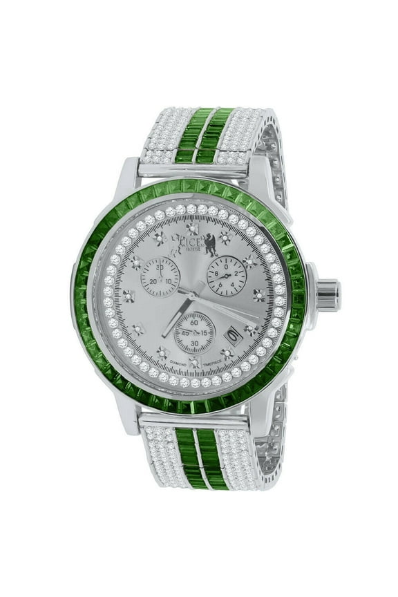 18K White Gold Finish Emerald Green Solid Stainless Steel Baguette Solitaire Bezel Adjustable Custom Band Watch