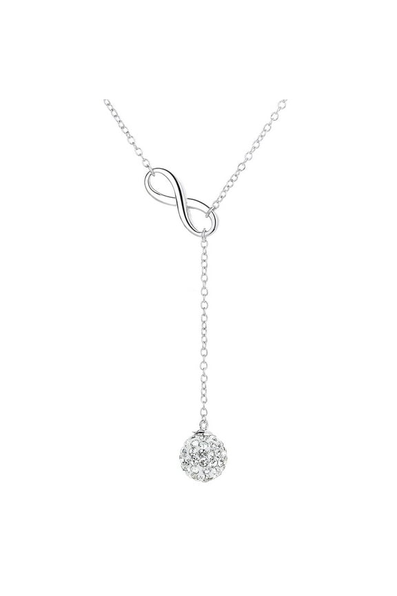 18K White Gold Lariat Ball Drop Necklace with Swarovski Crystals in 18K White Gold-Plated