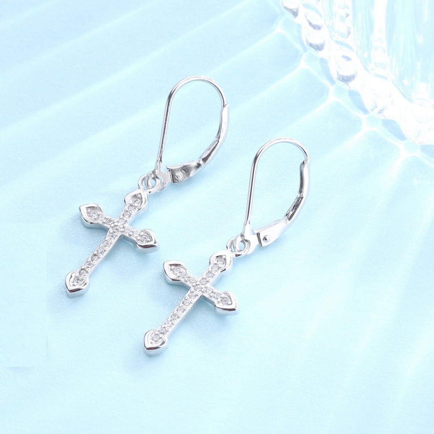18K White Gold Leverback Cross Earrings with Crystals from