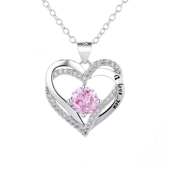 18K White Gold Plated Pink Tourmaline "I Love you" Pendant Necklaces October