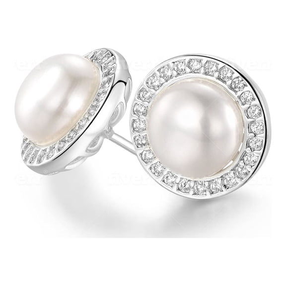 18K White Gold Plated 10 MM  FW Cultured White Pearl Halo Stud Earrings Pack Of 3