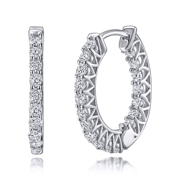 18K White Gold-Plated 2Ct Round White Sapphire Hoop Earrings by Paris Jewelry