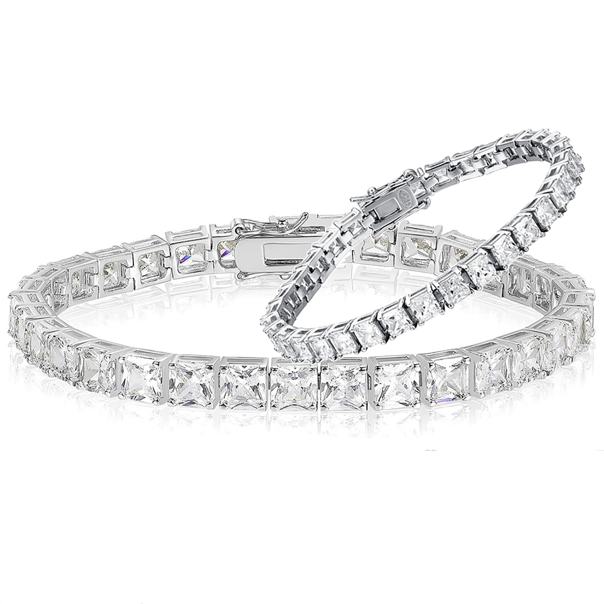 18K White Gold Plated 5MM Cubic Zirconia Emerald Cut Classic Graduation Tennis Bracelet for Women Men Girls 7.0 inch