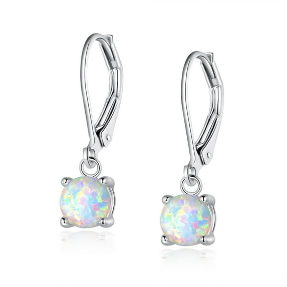 18K White Gold Plated 6mm Round White Fire Opal Birthstone Leverback Earrings for Women