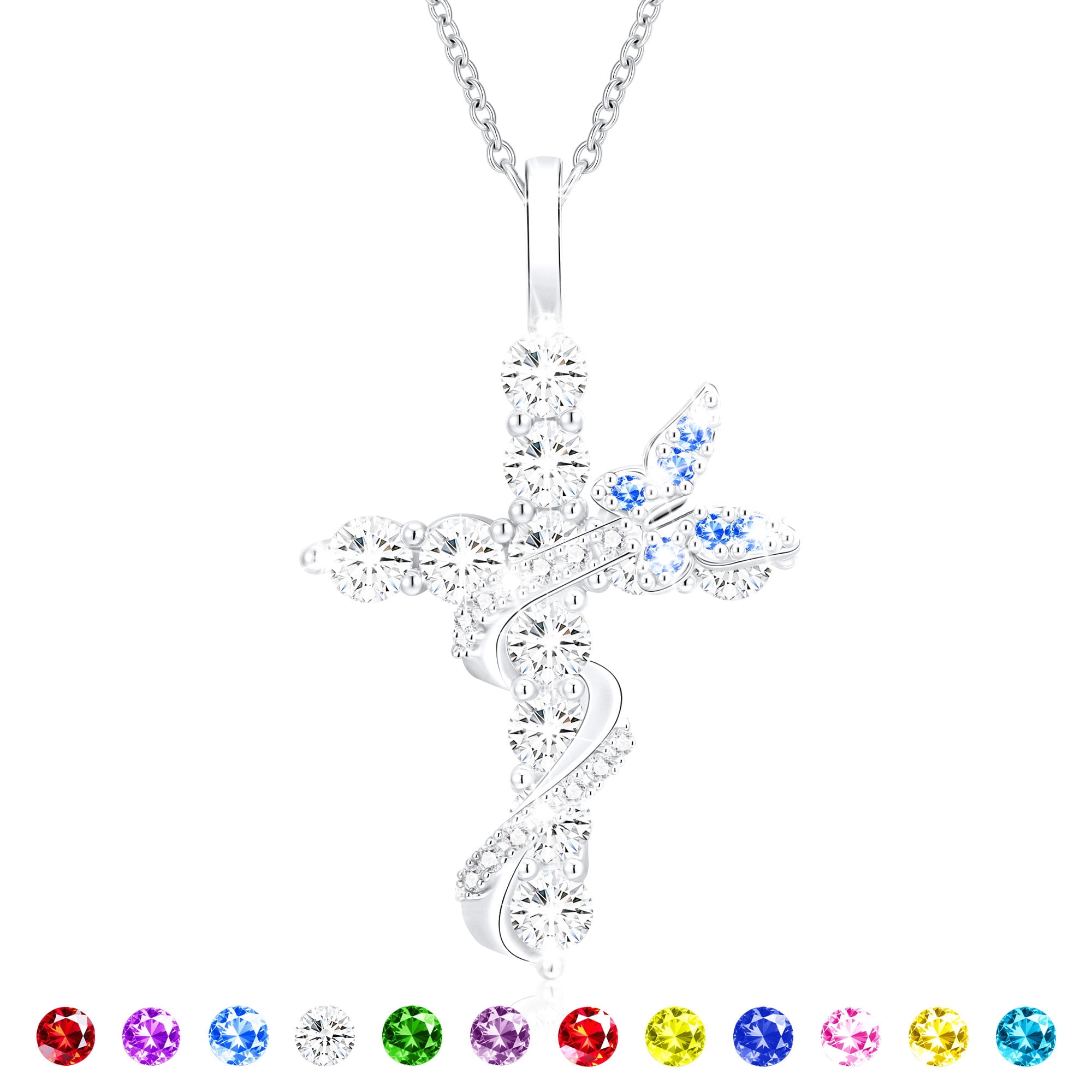 APSVO S925 Sterling Silver Plated Butterfly Cross Necklaces for Women Girls March Birthstone Necklace with Blue Aquamarine Birthday First Communion Mothers Day Jewelry Gifts Teen Her Mom Kids