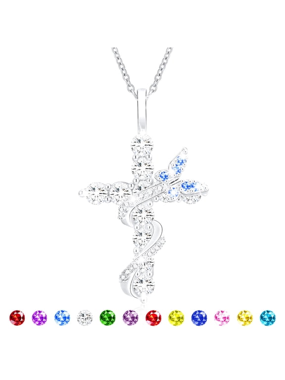 S925 Sterling Silver Plated Butterfly Cross Necklaces for Women Girls March Birthstone Necklace with Blue Aquamarine Birthday First Communion Mothers Day Jewelry Gifts Teen Her Mom Kids