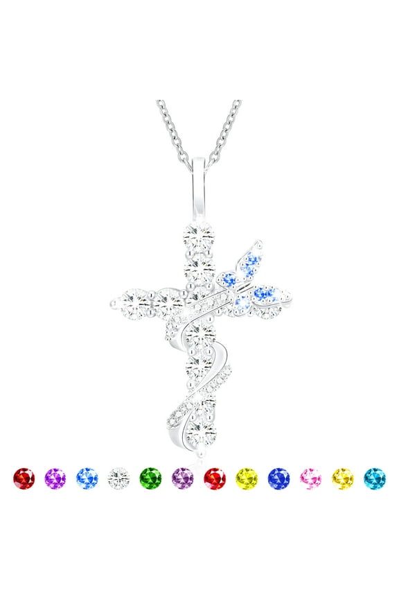 S925 Sterling Silver Plated Butterfly Cross Necklaces for Women Girls March Birthstone Necklace with Blue Aquamarine Birthday First Communion Easter Basket Stuffers Jewelry Gifts Teen Kids