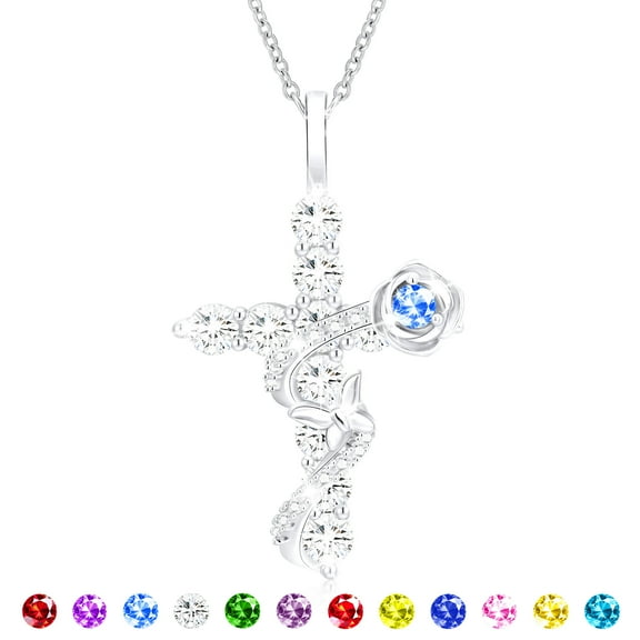 APSVO 18K White Gold Plated Rose Cross Necklaces for Women Girls S925 Sterling Silver March Birthstone Pendant with Blue Aquamarine Birthday Valentines Day Jewelry Gifts Teen Her Kids Ideas