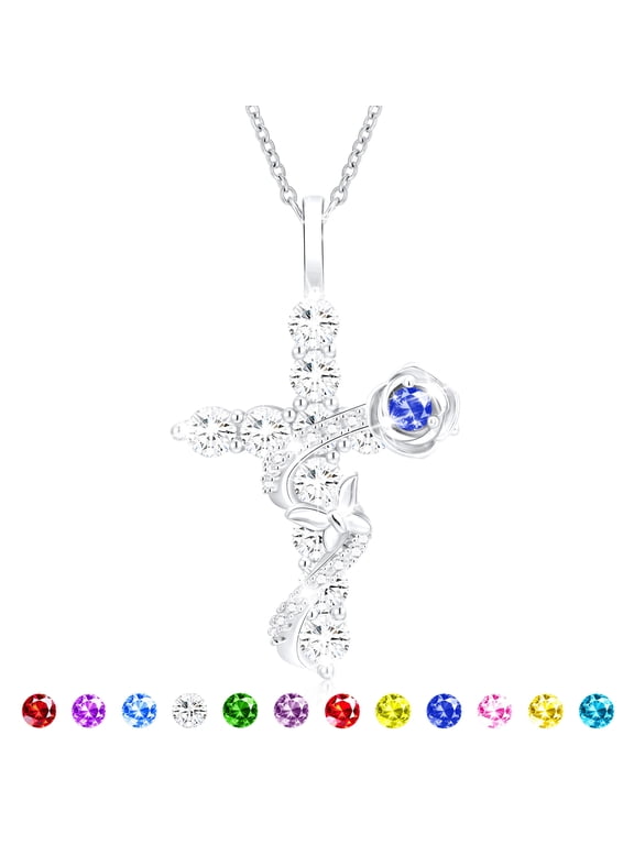S925 Sterling Silver Plated Rose Cross Necklaces for Women Girls September Birthstone Pendant with Blue Sapphire Birthday First Communion Graduation Jewelry Gifts Teen Her Mom Kids