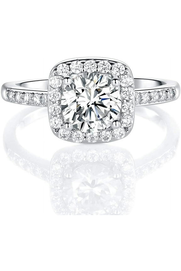 18K White Gold Plated Cubic Zirconia Promise Halo Engagement Promise Eternity Ring for Women