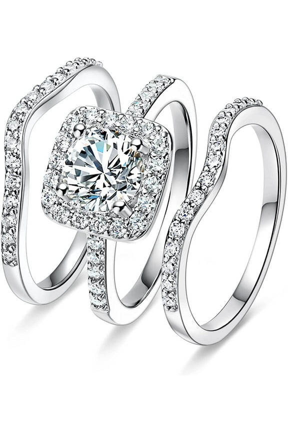 18K White Gold Plated Cubic Zirconia Three-in-One Halo Wedding Engagement Promise Eternity Ring Set for Women