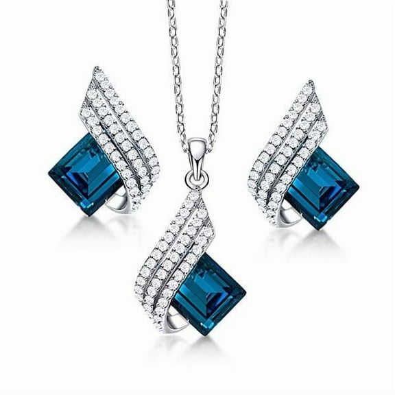 18K White Gold Plated Earrings Necklace Set 3.00 Ct Emerald Cut Blue Topaz