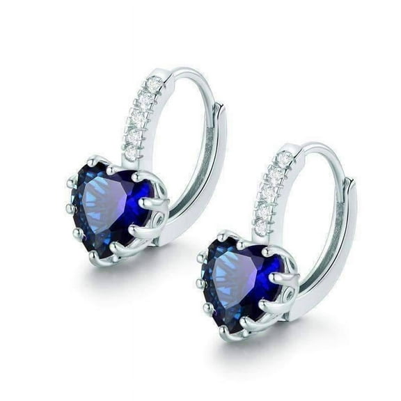 18K White Gold Plated Heart Shaped Midnight Blue Diamond CZ Solitaire Hoop Earrings For Woman