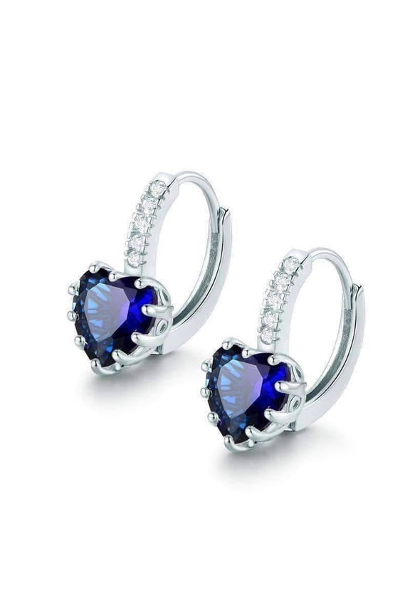 18K White Gold Plated Heart Shaped Midnight Blue Diamond CZ Solitaire Hoop Earrings For Woman