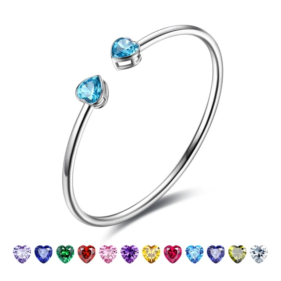 18K White Gold Plated Love Heart Adjustable Bracelets for Women - CZ Mar. Birthstone Bracelets with Crystal, Dainty Birthday Jewelry Gifts for Her