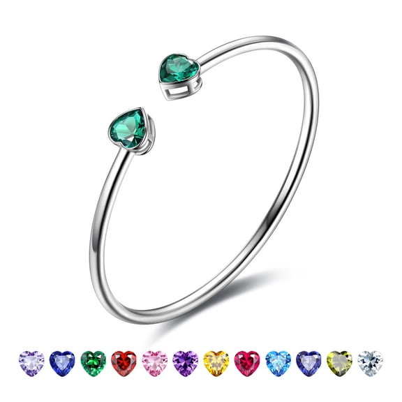 18K White Gold Plated Love Heart Adjustable Bracelets for Women - CZ May Birthstone Bracelets with Crystal, Dainty Birthday Jewelry Gifts for Her