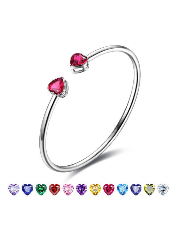18K White Gold Plated Love Heart Adjustable Bracelets for Women - Ruby Jul. Birthstone Bracelets with Crystal, Dainty Birthday Jewelry Gifts for Her