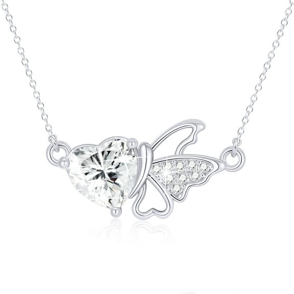 DORANA 18K White Gold Plated Butterfly Love Heart Necklaces for Women Girls S925 Sterling Silver April Birthstone Necklace with CZ Crystal Birthday Valentines Day Jewelry Gifts Teen Girlfriend Wife