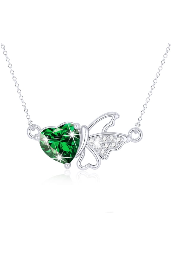 18K White Gold Plated Butterfly Love Heart Necklaces for Women Girls S925 Sterling Silver May Birthstone Necklace with Green Emerald Birthday Valentines Day Jewelry Gifts Teen Girlfriend Wife