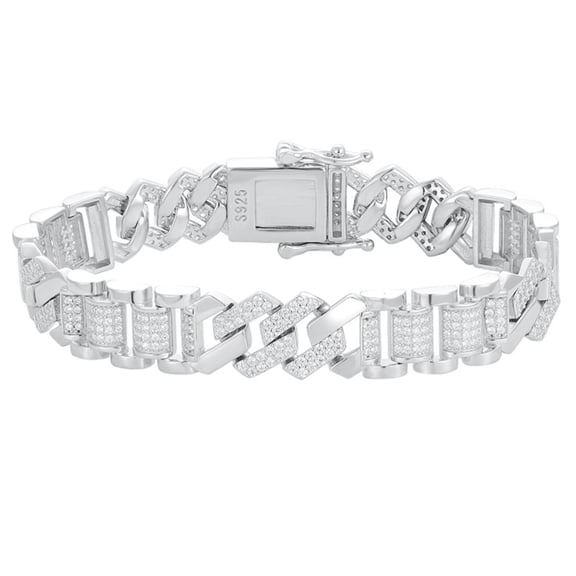 18K White Gold Plated Mens Silver Bracelet Clear 5A CZ Chain Link Bracelet for Men Hypoallergenic 925 Sterling Silver Bracelet for Men Jewelry 18-20CM