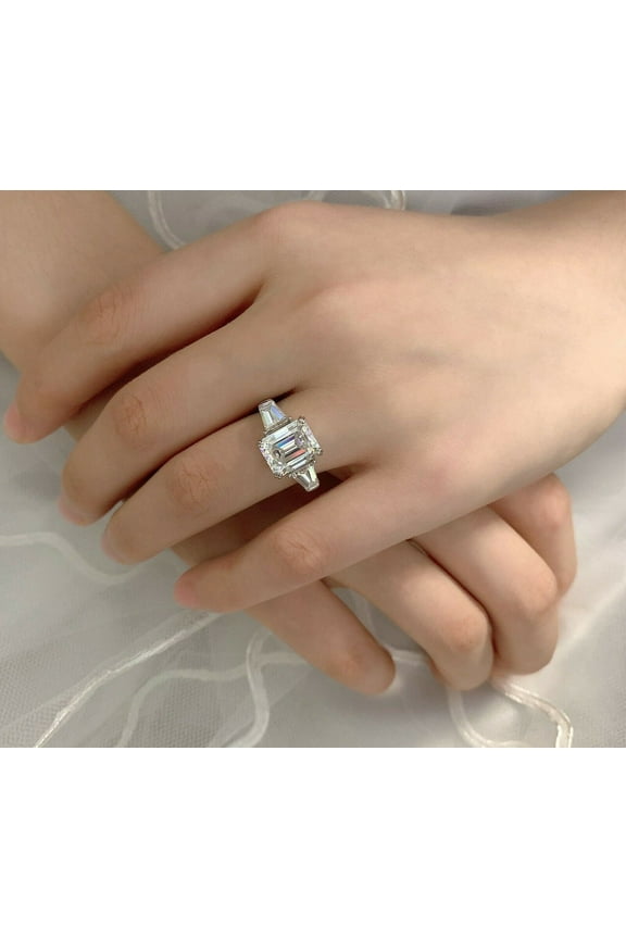18K White Gold Plated Ring For Women, Vintage Engagement Ring, 6x8mm Octagon Moissanite Ring, Bridal Ring, Genuine Certified Moissanite Wedding Ring
