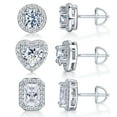 thumbnail image 1 of 18K White Gold Plated Safety Screw Back Halo Stud Earrings for Women Mens Round/Heart/Emerald Cut Brilliant Cubic Zirconia Earring Studs (3 Pairs), 1 of 6
