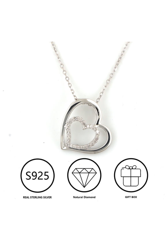 Women White Gold Plated Silver Diamond Double Heart Pendant Necklace 1/8cttw 16-18" Length