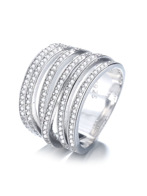 Amy and Annette 18K White Gold Plated Six-Row Ring with Simulated Diamonds