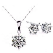 FESHIONN IOBI 18K White Gold Plated Splendid Solitaires Round IOBI Crystals 2CT Necklace and 1CT Earrings Set For Woman