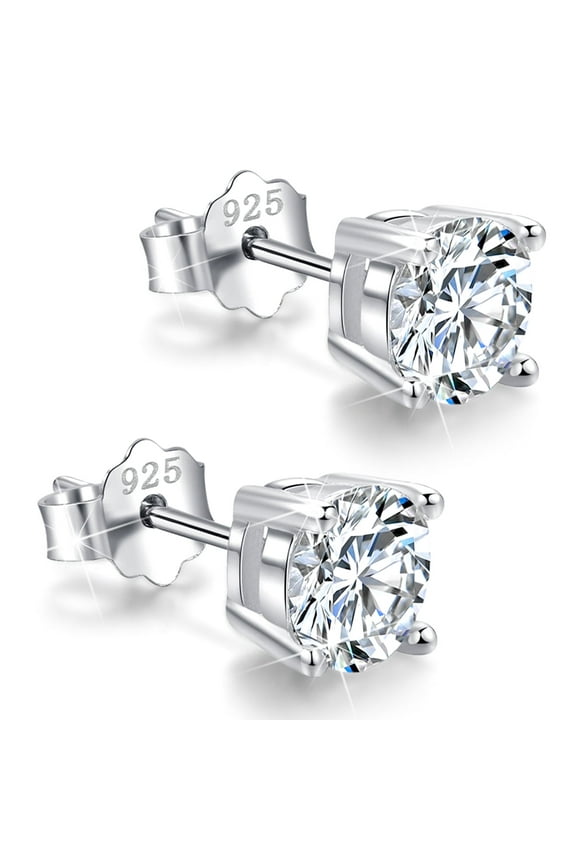 18K White Gold Plated Sterling Silver Cubic Zirconia Stud Earrings 6mm, Simulated Diamond CZ Studs Hypoallergenic Jewelry