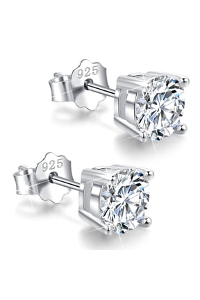 18K White Gold Plated Sterling Silver Cubic Zirconia Stud Earrings 6mm, Simulated Diamond CZ Studs Hypoallergenic Jewelry