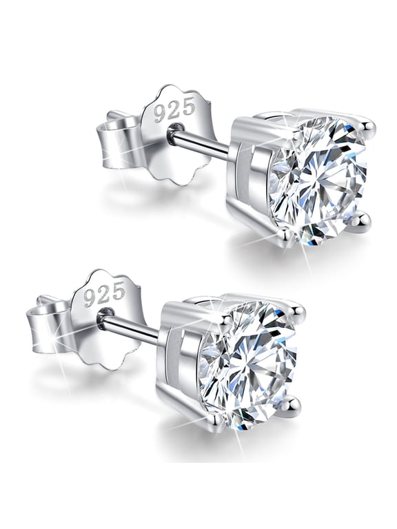 18K White Gold Plated Sterling Silver Cubic Zirconia Stud Earrings 6mm, Simulated Diamond CZ Studs Hypoallergenic Jewelry