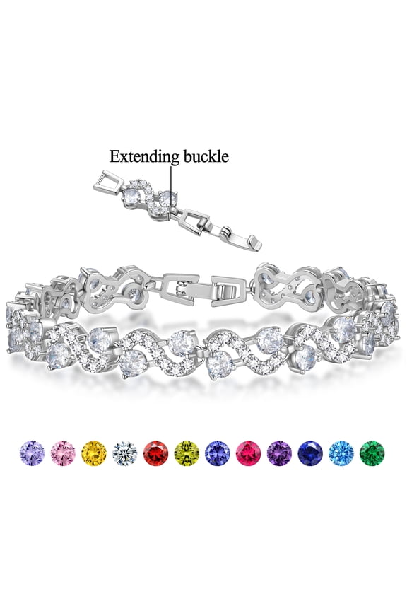 18K White Gold Plated Tennis Bracelet with CZ Bracelets with Extending Buckle for Women - Birthstone Bracelet with Crystal,Dainty Birthday Jewelry Gifts for Her