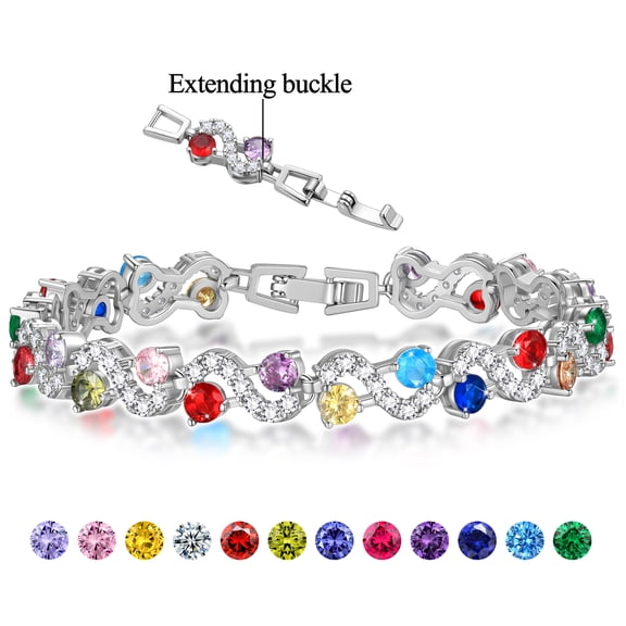 18K White Gold Plated Tennis Bracelet with CZ Bracelets with Extending Buckle for Women - Birthstone Bracelet with Crystal,Dainty Birthday Jewelry Gifts for Her