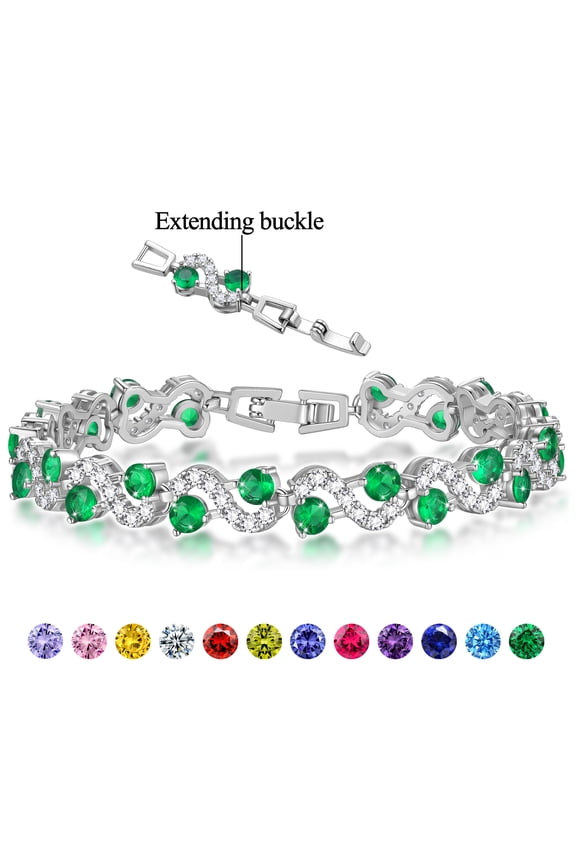 18K White Gold Plated Tennis Bracelet with CZ Bracelets with Extending Buckle for Women - May Birthstone Bracelet with Emerald Crystal,Dainty Birthday Jewelry Gifts for Her