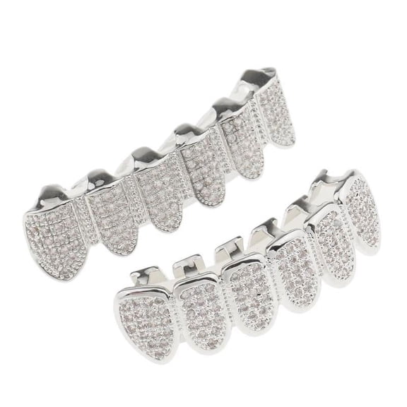 18K White Gold Plated Tooth Clip Mouth Grills Bling Hip Hop with Silicone Moldings