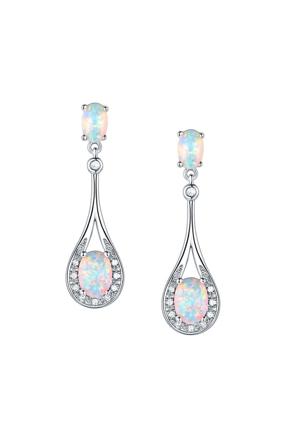 18K White Gold Plated White Fire Opal Birthstone Drop Earrings for Women
