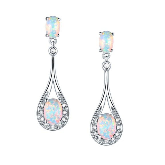 18K White Gold Plated White Fire Opal Birthstone Drop Earrings for Women