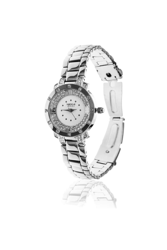18K White Gold Plated Woman's Watch with Adjustable Band Links and Encrusted with 60 High Quality Crystals