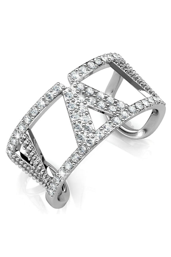 18K White Gold Plated Women's Open Back V Ring with Clear Sparkling Crystals Size 6