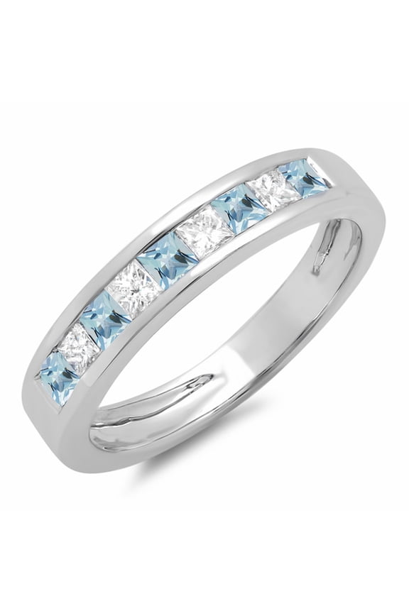 18K White Gold Princess Aquamarine & White diamond Ladies Anniversary Wedding Band Stackable Ring