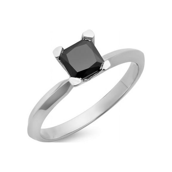 18K White Gold Princess Cut Black Diamond Ladies Solitaire Bridal Engagement Ring