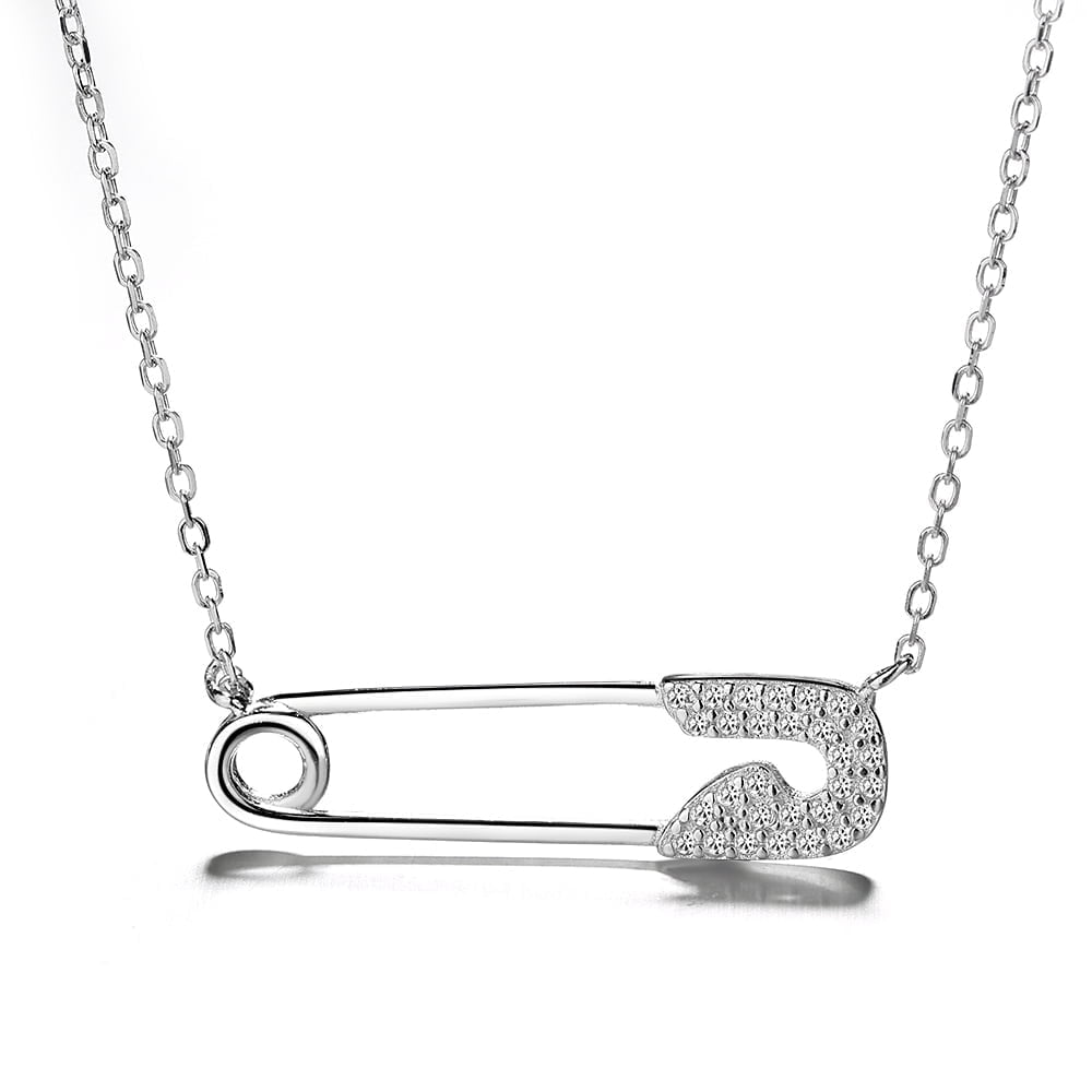 AMY AND ANNETTE 18K White Gold Plated Safety Pin Pendant with Crystals